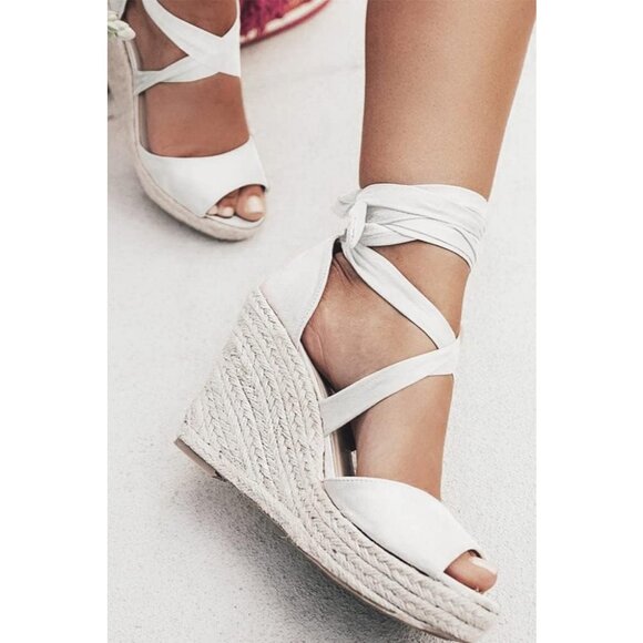 Women's White Wedges Open Ankle Strap Toe Tie Lace Up Sandals Heels Shoes - Picture 3 of 4